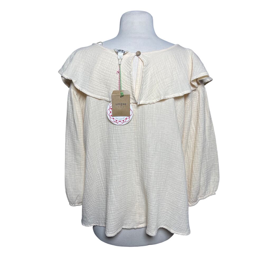 NWT UMGEE Boho Cream Gauze Ruffle Collar 3/4 Sleeve Peasant Top - Picture 5 of 5